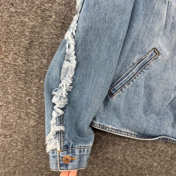Kensie Jeans Women Blue Denim Jacket Fringe Trim Pleated Front Light Wash Size L - Picture 3 of 7